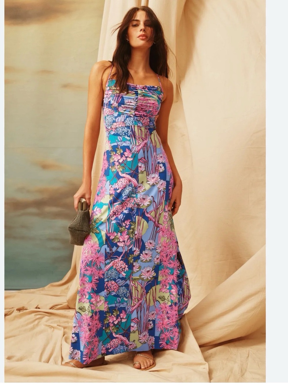 Agua Bendita Blue Maxi Dress with Pink Floral Print